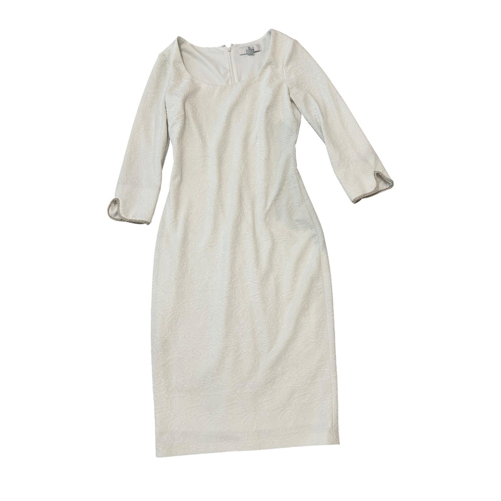 Belle Badgley Mischka White Jacquard Sheath Dress Chain Trim Scallop Cuff Size 2